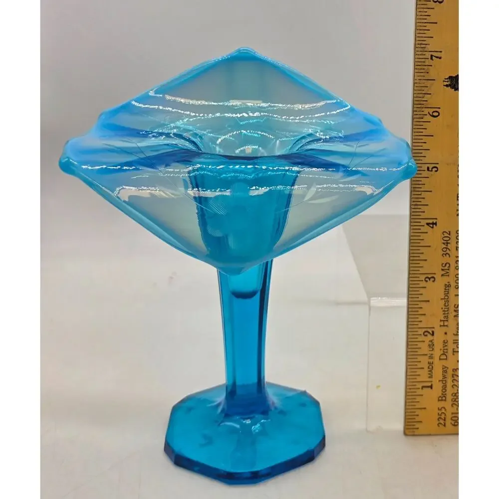DUGAN GLASS BLUE OPAL WHEEL CUT JIP VASE FLORAL WITH LEAF CUTTING
